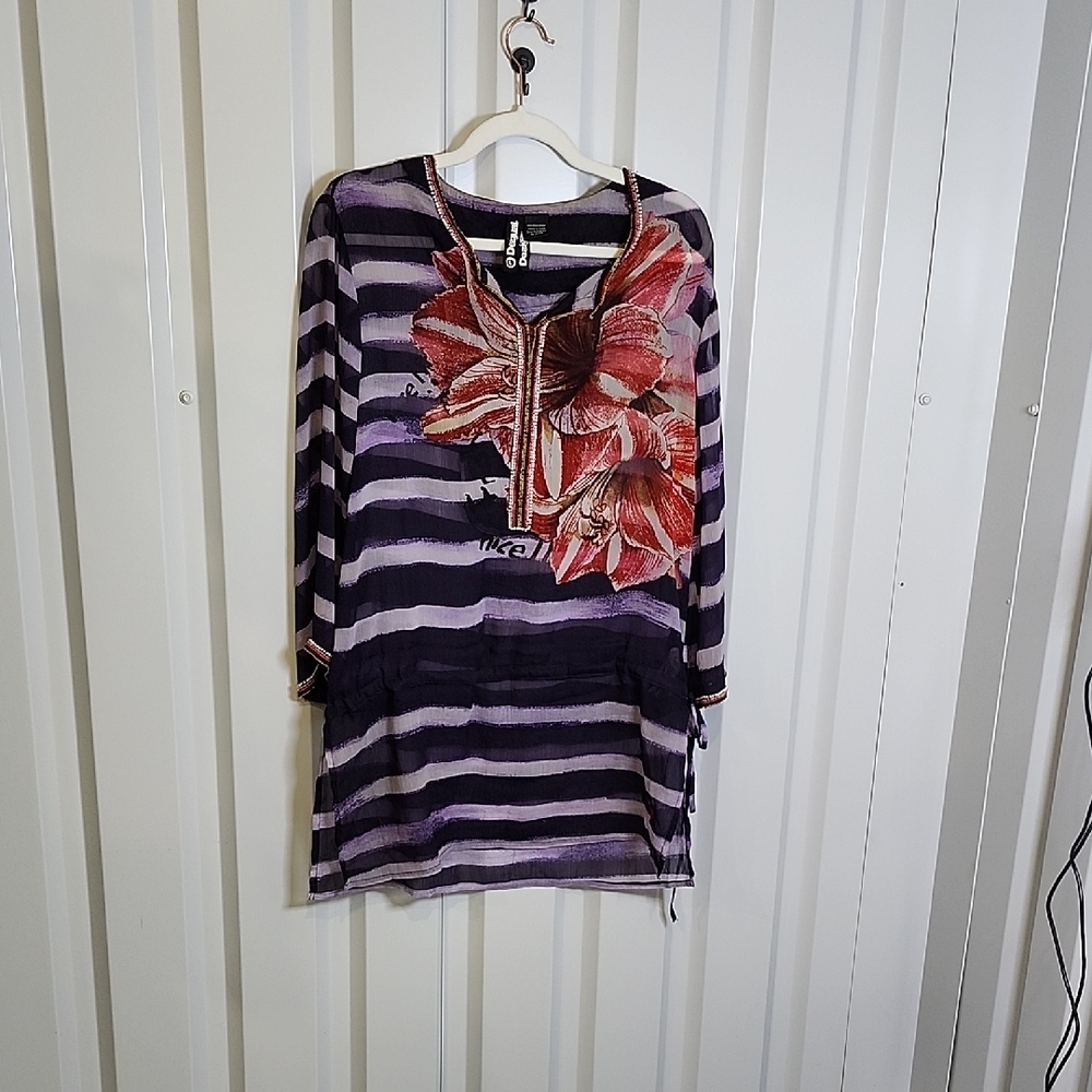 Desigual Womens Sheer Beaded Purple and Black Tunic Swim Coverup Size Large
